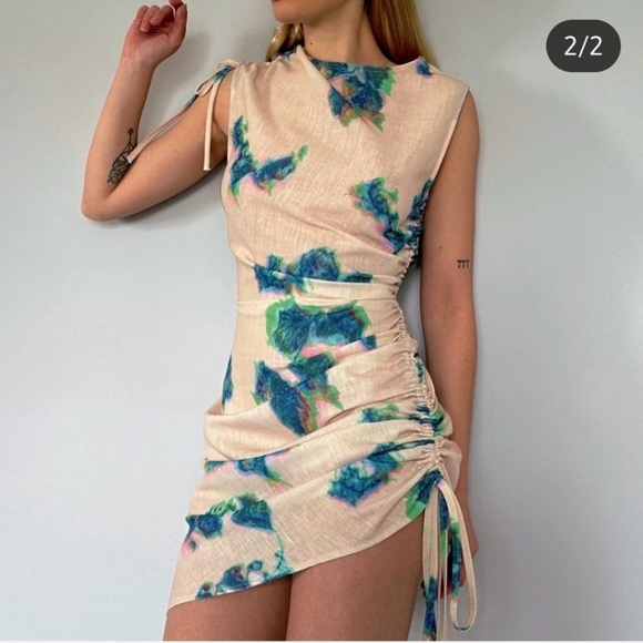 Zara Dresses & Skirts - Zara Linen Print Ruched Mini Dress, NWT, Small